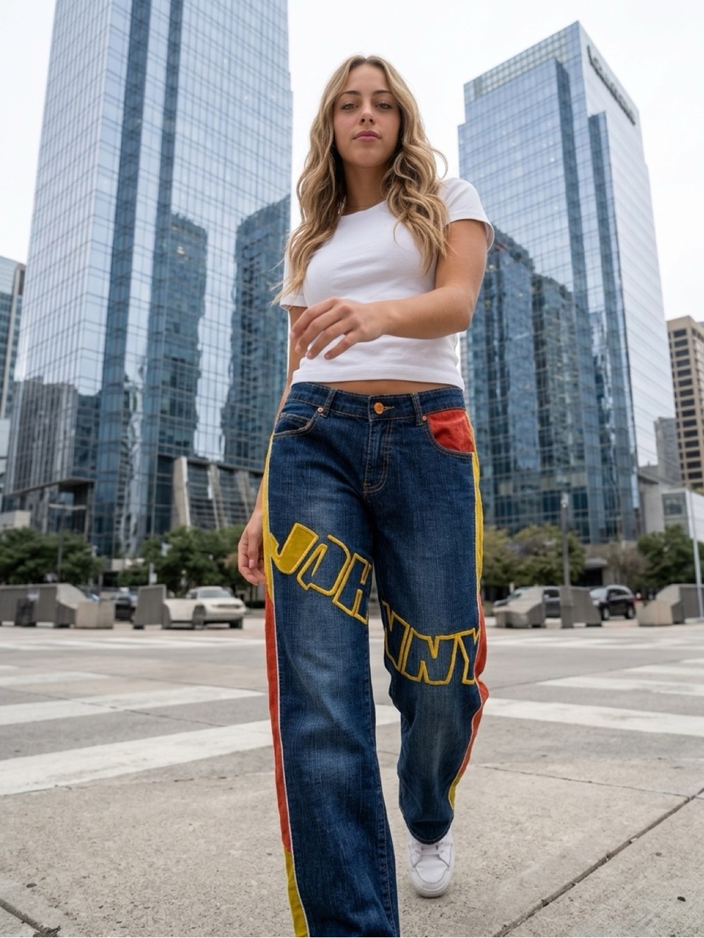 Women’s Dark Blue Boyfriend Jeans with Yellow & Red Accent